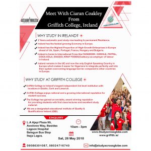 Meet With Ciaran Coakley From Griffith College, Ireland Here In Ikeja Lagos, Nigeria to discuss admission scholarships and post study visa opportunities.  Griffith College is Ireland’s largest independent 3rd level institution with locations in Dublin, Cork and Limerick.