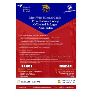 Meet With Michael Galvin From National College Of Ireland to discuss admissions, scholarships and post study visa opportunities  in Lagos And Ibadan On The 18th and 21st May, 2018 Respectively