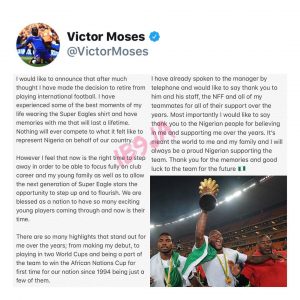 Nigerian footballer, Victor Moses, 27, Retires From The Super Eagles