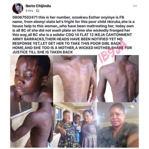 Lagos soldier allegedly brutalises her housemaid for not washing plates