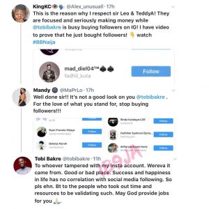 Someone tampered with my IG account, BBN’s Tobi reacts to allegations of buying fake followers