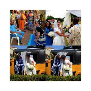 Nigerian man and his American bride wed with tricycle .