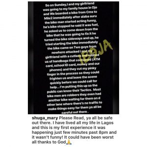 Lady reveals how her bike rider set her up for robbery, on Sunday, in Lagos