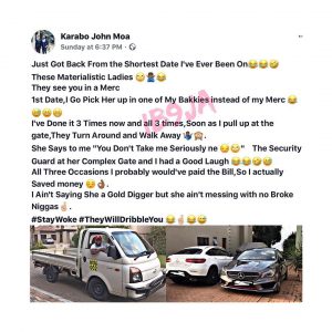 S. African man shares his experience going on a date in his mini truck instead of Benz