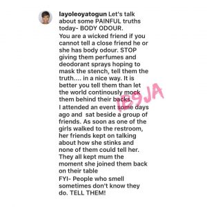 You are wicked if you cannot tell your friend he or she has body odour – Media personality Oyatogun