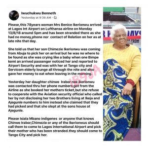 Children abandon their 78-yr-old mom at the Lagos airport