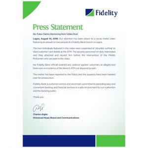 Fidelity bank Plc refutes viral video from its Kola bus stop Branch