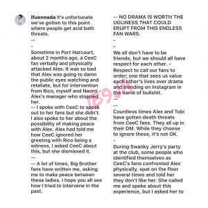Ceec’s Acid Threat: Ifu Ennada reveals the numerous attacks Alex has suffered from CeeC’s fans, as she calls for peace. [Swipe to view all]