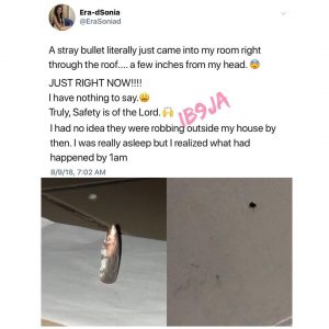 Lady escapes being killed by a stray bullet inside her room in Port harcourt, Rivers State