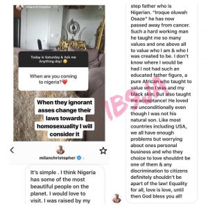 “My stepdad was a Nigerian,” gay U.S reality TV star, Milan Chris, reveals, as he explains why he said he won’t visit Nigeria until the antigay law is reprieved