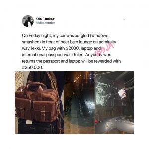 Lagos robbery victim offers N250k for the recovery of his passport and laptop