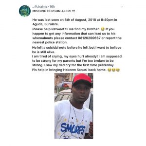 Man goes missing after dropping suicide note in Lagos