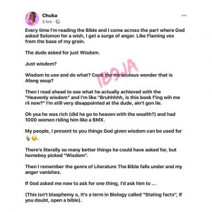 Nigerian artist reveals why he gets angry when reading the Bible