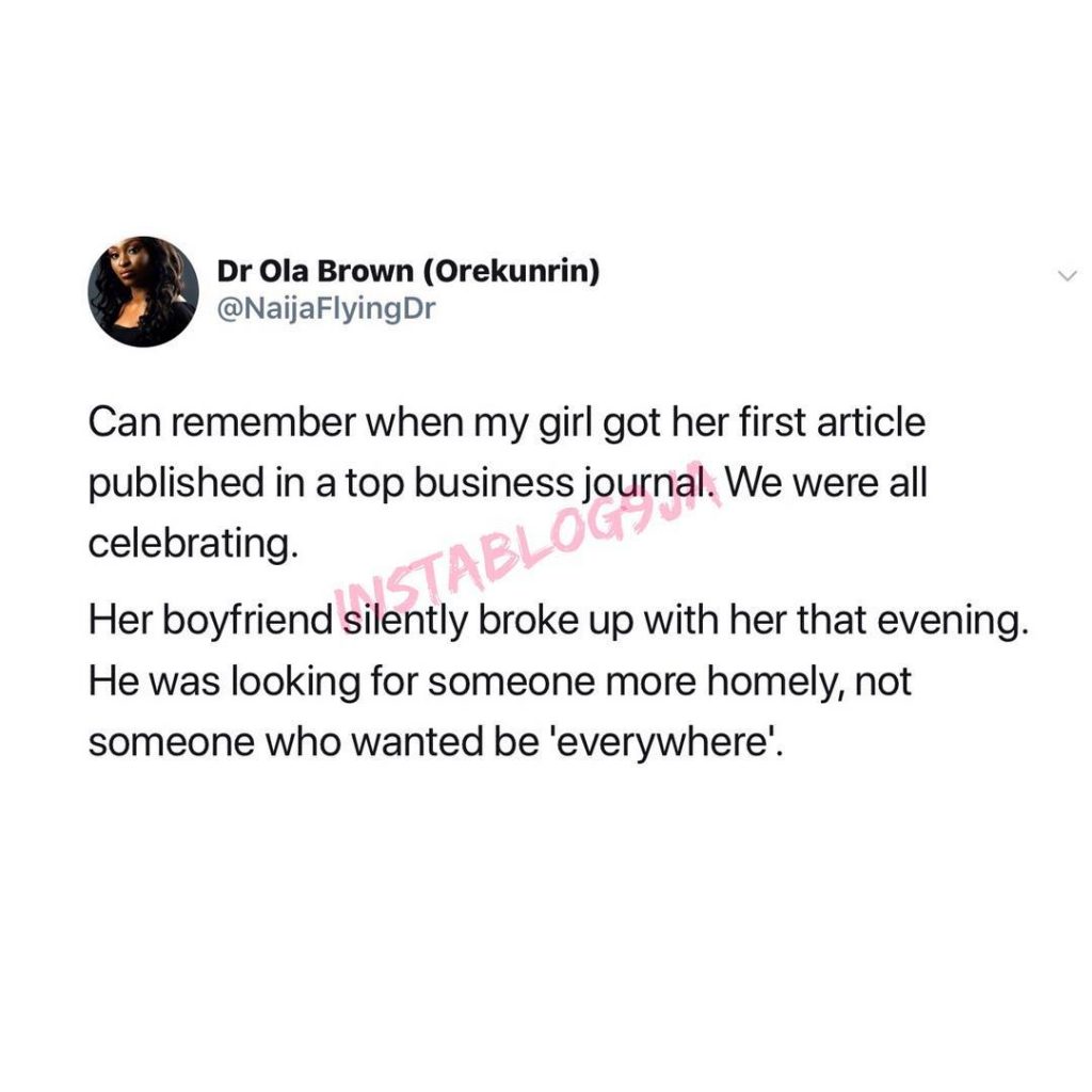 Man dumps his ambitious girlfriend in search of someone more homely