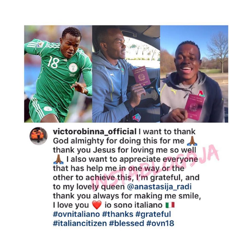 Ex Super Eagles player, Victor Nsofor Obinna, becomes a citizen of Italy
