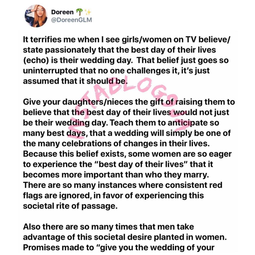 It terrifies me when I see women passionately say that the best day of their lives is their wedding day - Activist Doreen. [Swipe]