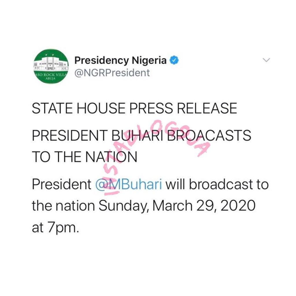 Pres. Buhari to address the nation by 7pm on Sunday, March 29, 2020