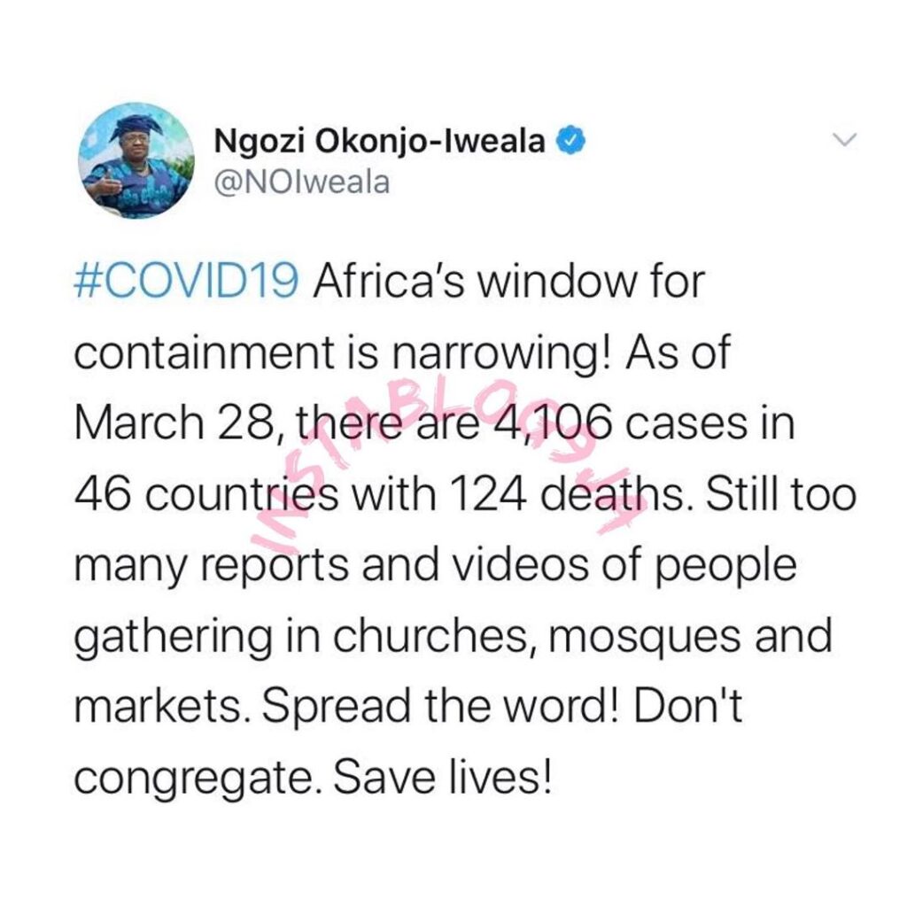 “Africa’s window for containment is narrowing!,” Ngozi Okonjo-iweala alerts