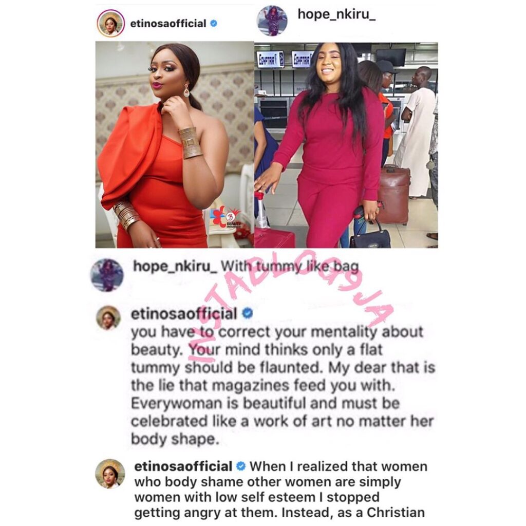 “Your mind thinks only a flat tummy should be flaunted,” actress Etinosa says, as she advises a troll. [Swipe] 3h