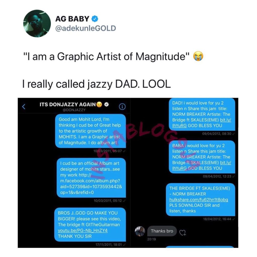 AdekunleGold shares the series of DMs he sent to DonJazzy 9yrs ago
