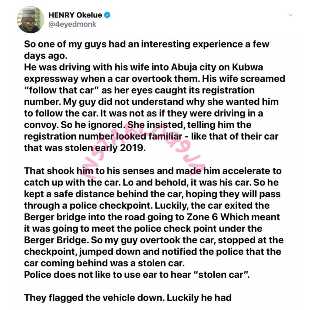 Lockdown: How a lady helped her husband recover their stolen car in Abuja. [Swipe]