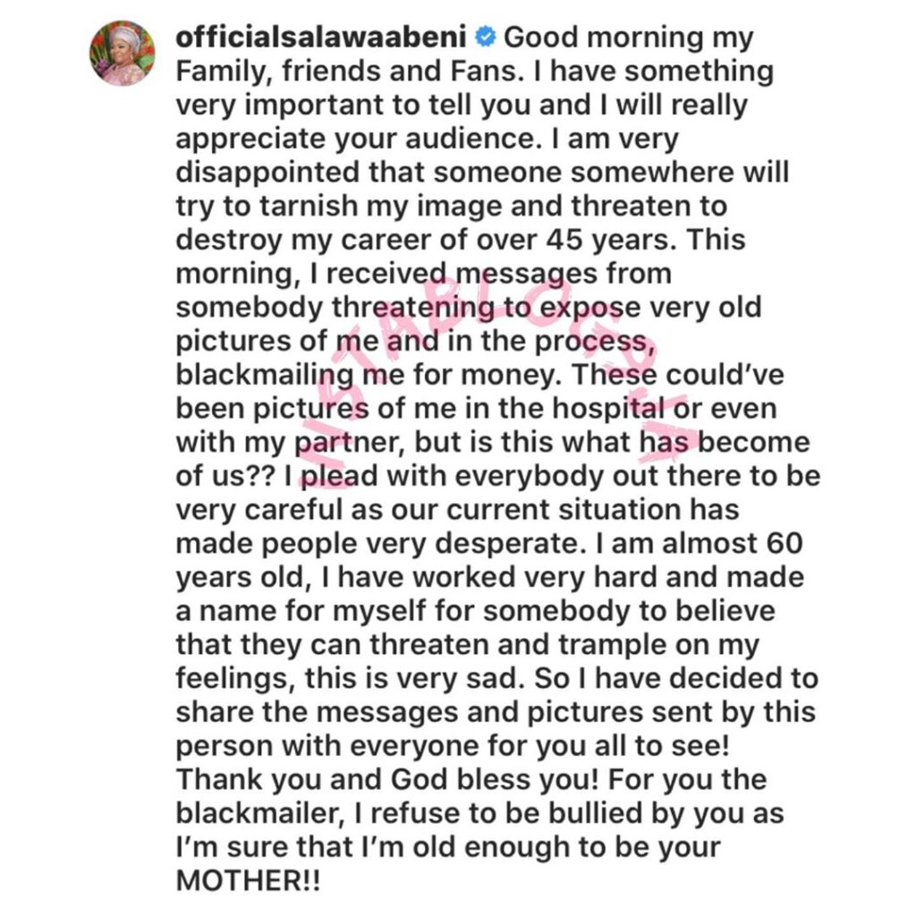 Nigerian veteran musician, Queen Salawa Abeni, exposes someone trying to blackmail her with her old nudes. [Swipe]