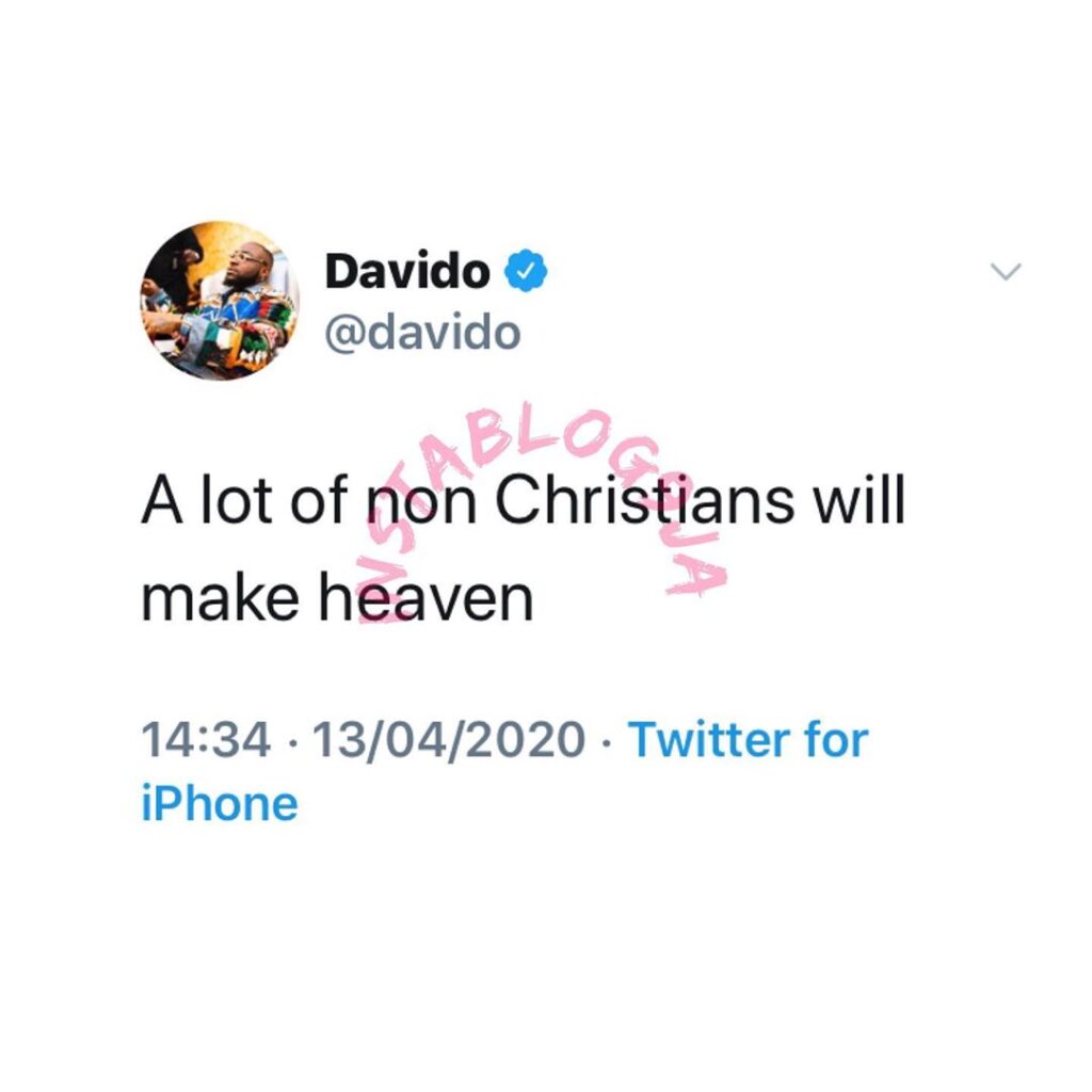 Huge relief for non-Christians as Davido confirms many of them will make heaven