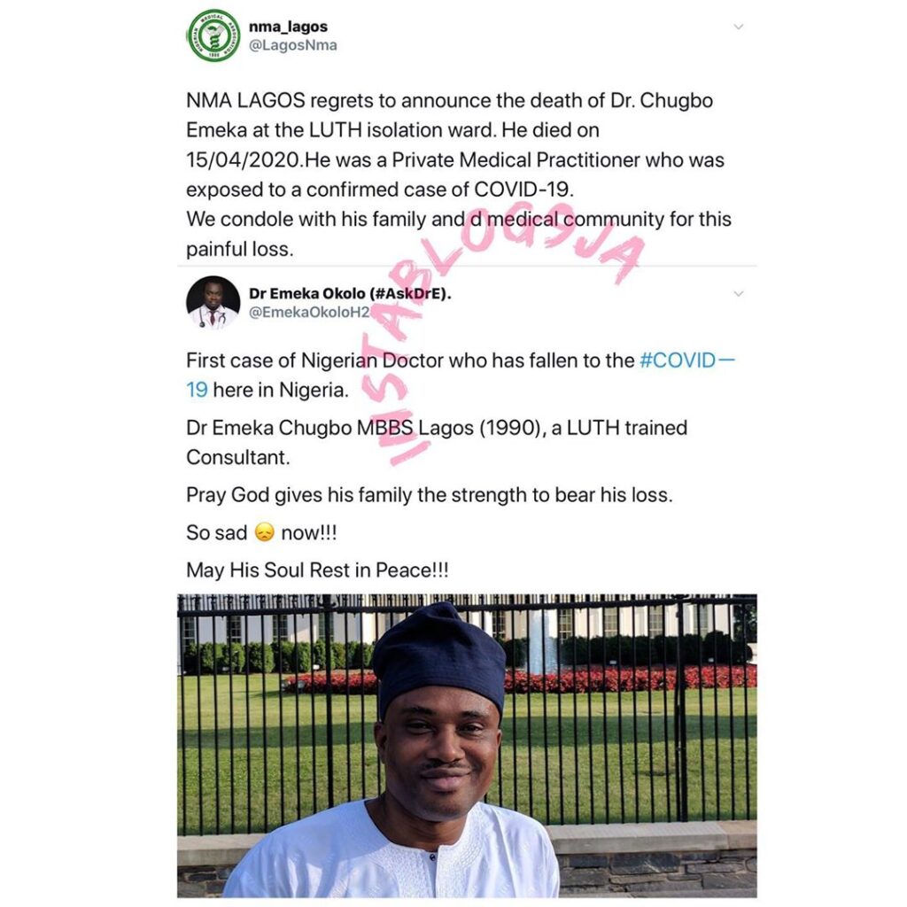 Doctor exposed to a COVID-19 patient in Lagos, dies