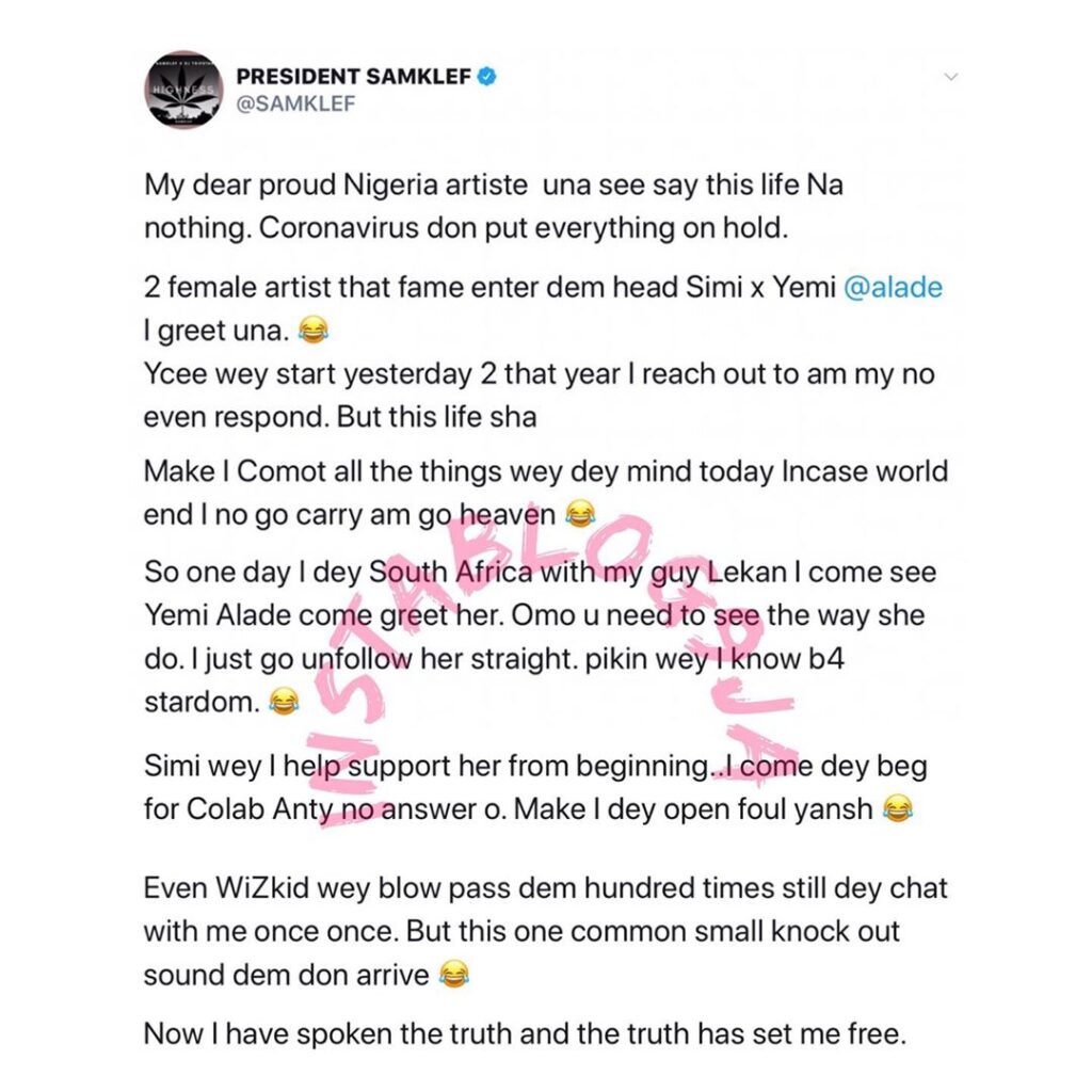 Music producer Samklef drags Simi, Yemi Alade and Ycee by their nose masks