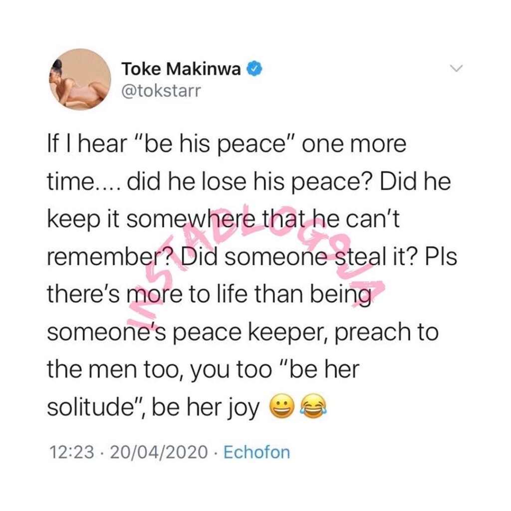 There’s more to life than being someone’s peace keeper, preach to the men too - Toke Makinwa