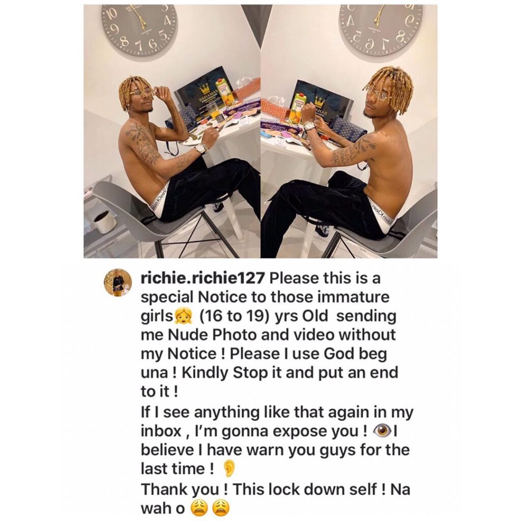 IG big boy warns immature girls of (16 to 19) years old, to stop sending him nude photos and videos cc @richie.richie127 6h