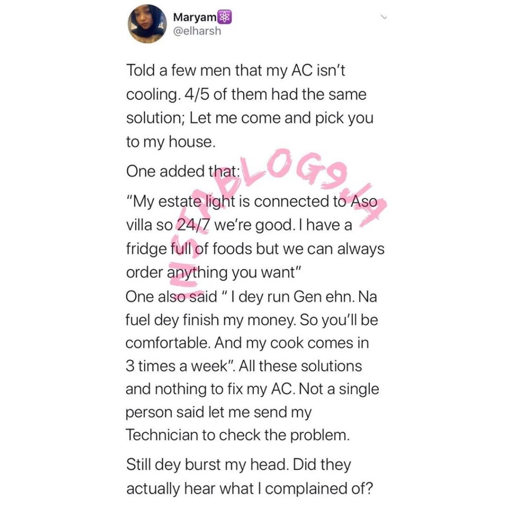 Abuja lady disappointed by the response she got when she told her male friends about her faulty A.C