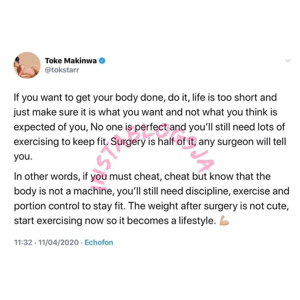 If you want to do cosmetic surgery, do it because life is too short - Toke Makinwa