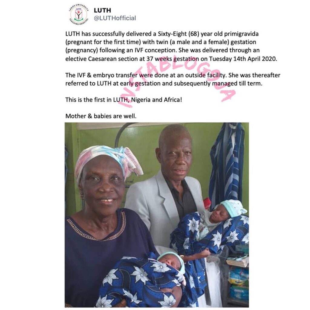 Lagos University Teaching Hospital delivers a first-time pregnant 68-yr-old lady of a set of twins