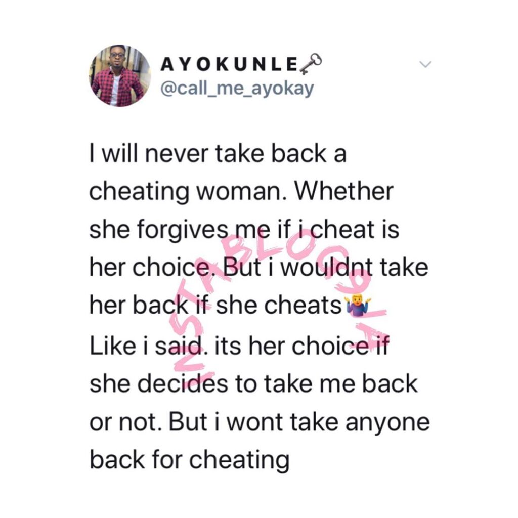 Even if she forgives me if I cheat, I’ll never take back a cheating lady - Man