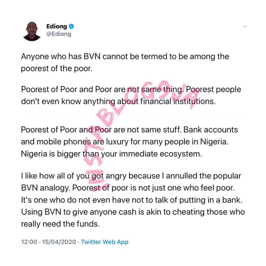 “Anyone with a BVN can’t be termed to be among the poorest of the poor,” activist Ediong tells those saying the FG should transfer money to all Nigerians