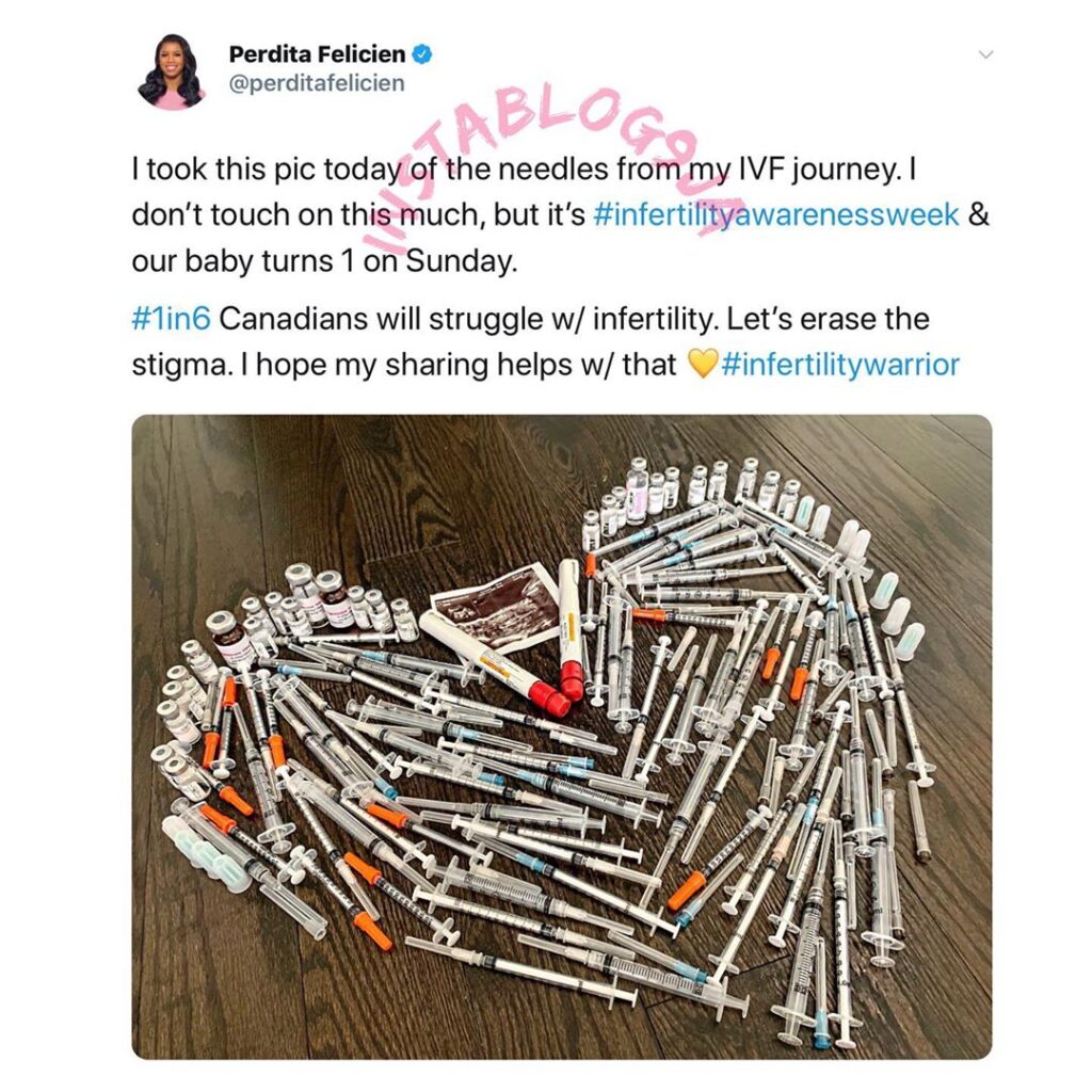 Olympian gold medalist, Felicien, shares a picture of the needles from her IVF journey to encourage others battling infertility