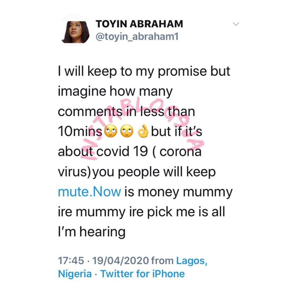 Actress Toyin Abraham knocks her followers for focusing on her giveaways while ignoring her posts about COVID-19