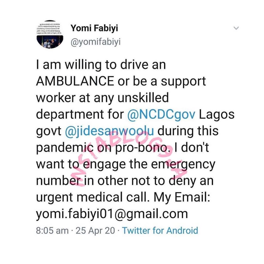 Covid-19: Actor Yomi Fabiyi offers to drive an ambulance for the Lagos State and NCDC for free