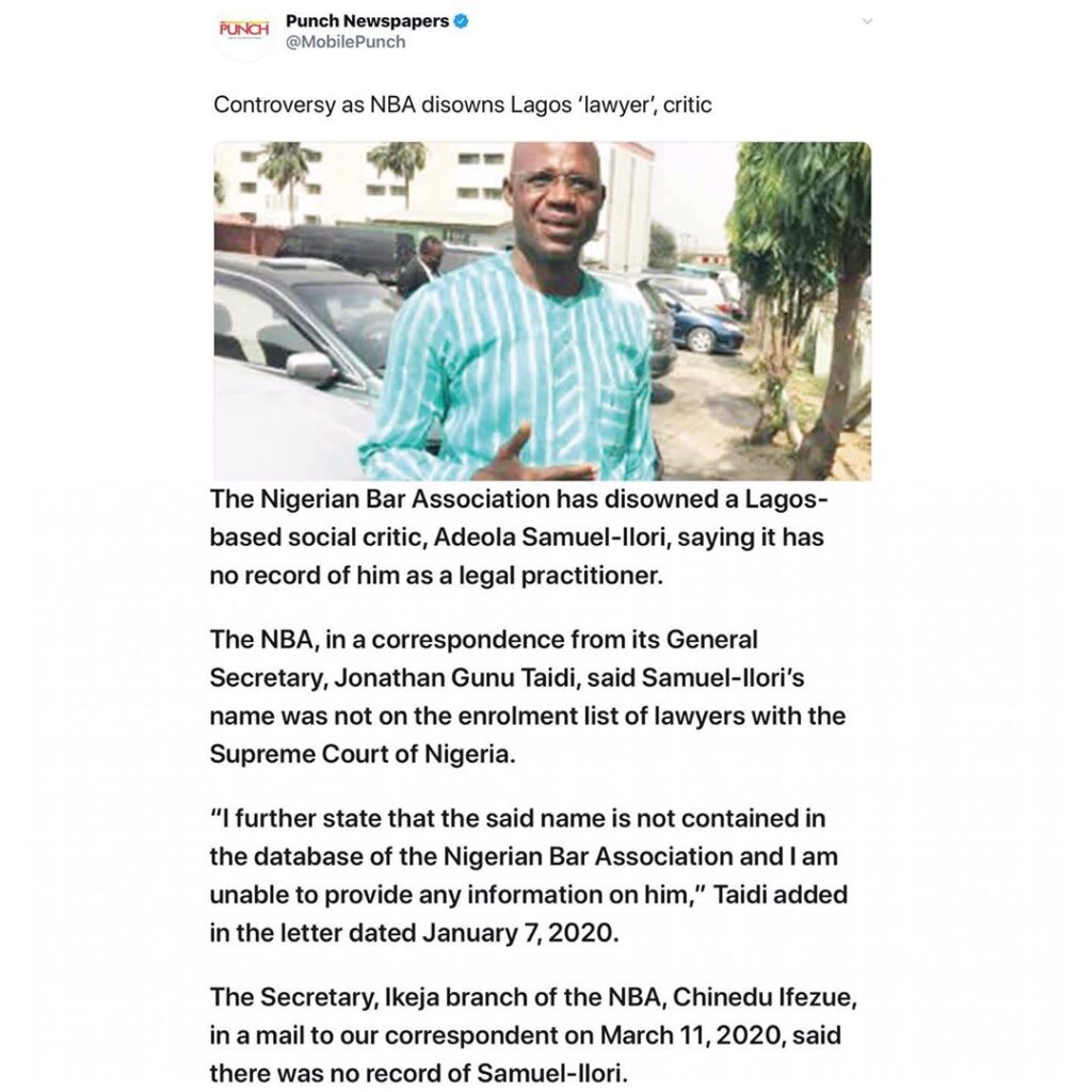 Popular Lagos based lawyer and Social Critic, Adeola Samuel Ilori, gets renounced by NBA [SWIPE TO READ ALL]