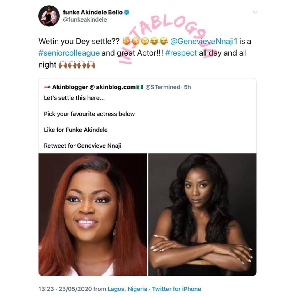 Actress Funke Akindele addresses a blogger who pitted her against Genevieve Nnaji