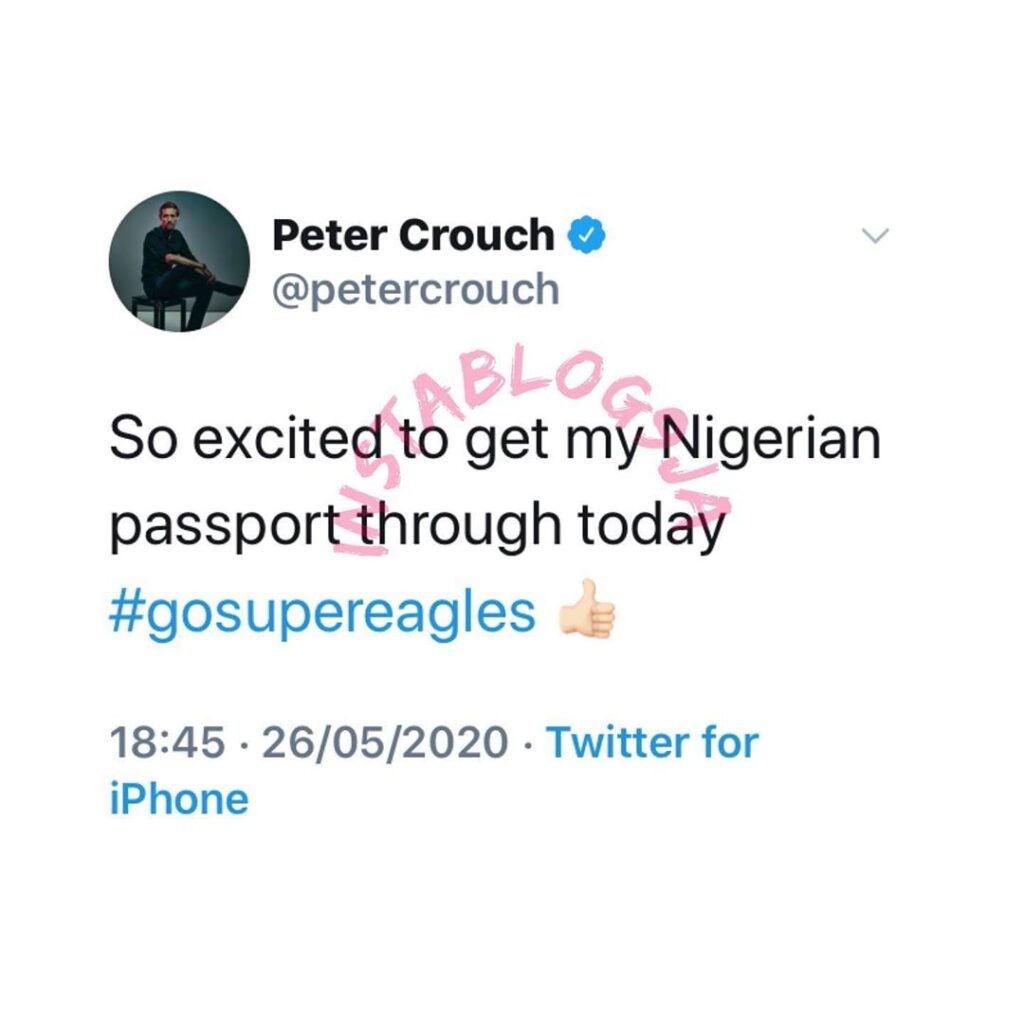 England footballer, Peter Crouch, elated to secure the Nigerian passport