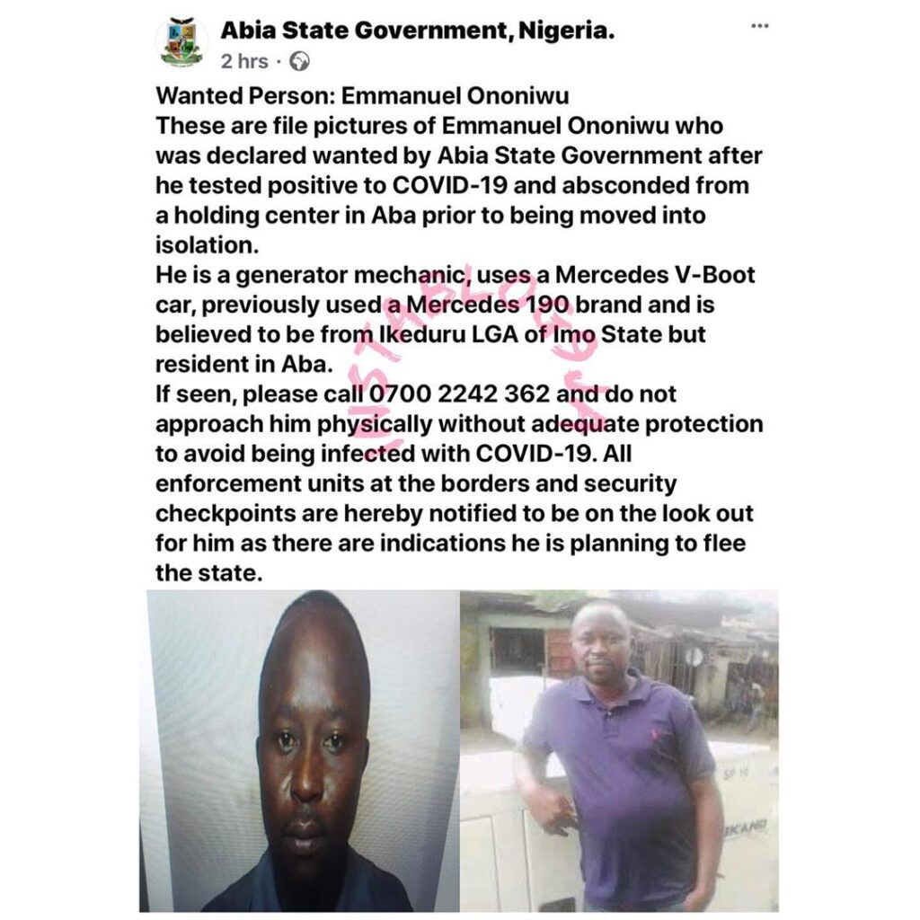 Abia State declares COVID-19 patient wanted, releases his pictures