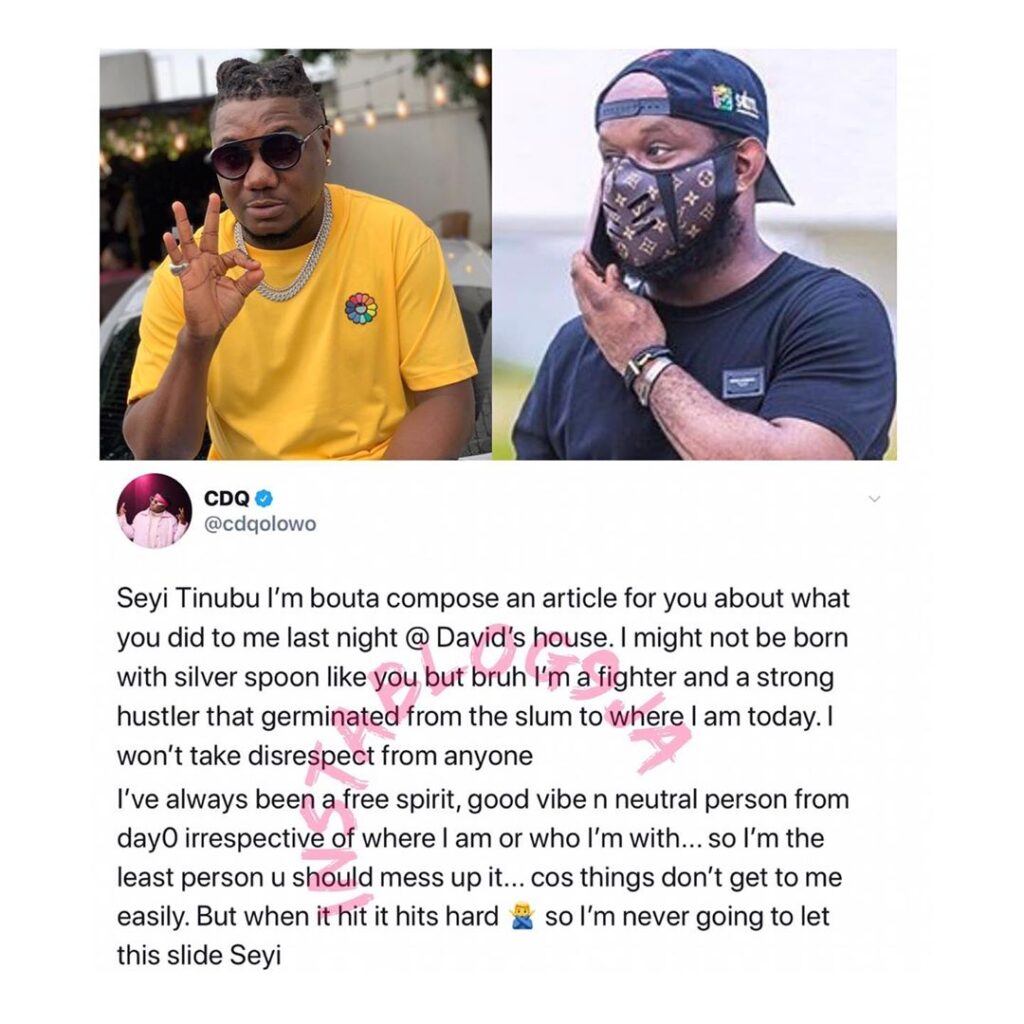 Rapper CDQ calls out ex-Governor Tinubu’s son, Seyi, for allegedly disrespecting him. [Swipe]
