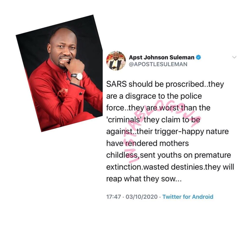 Apostle Suleiman calls for the ban of SARS
