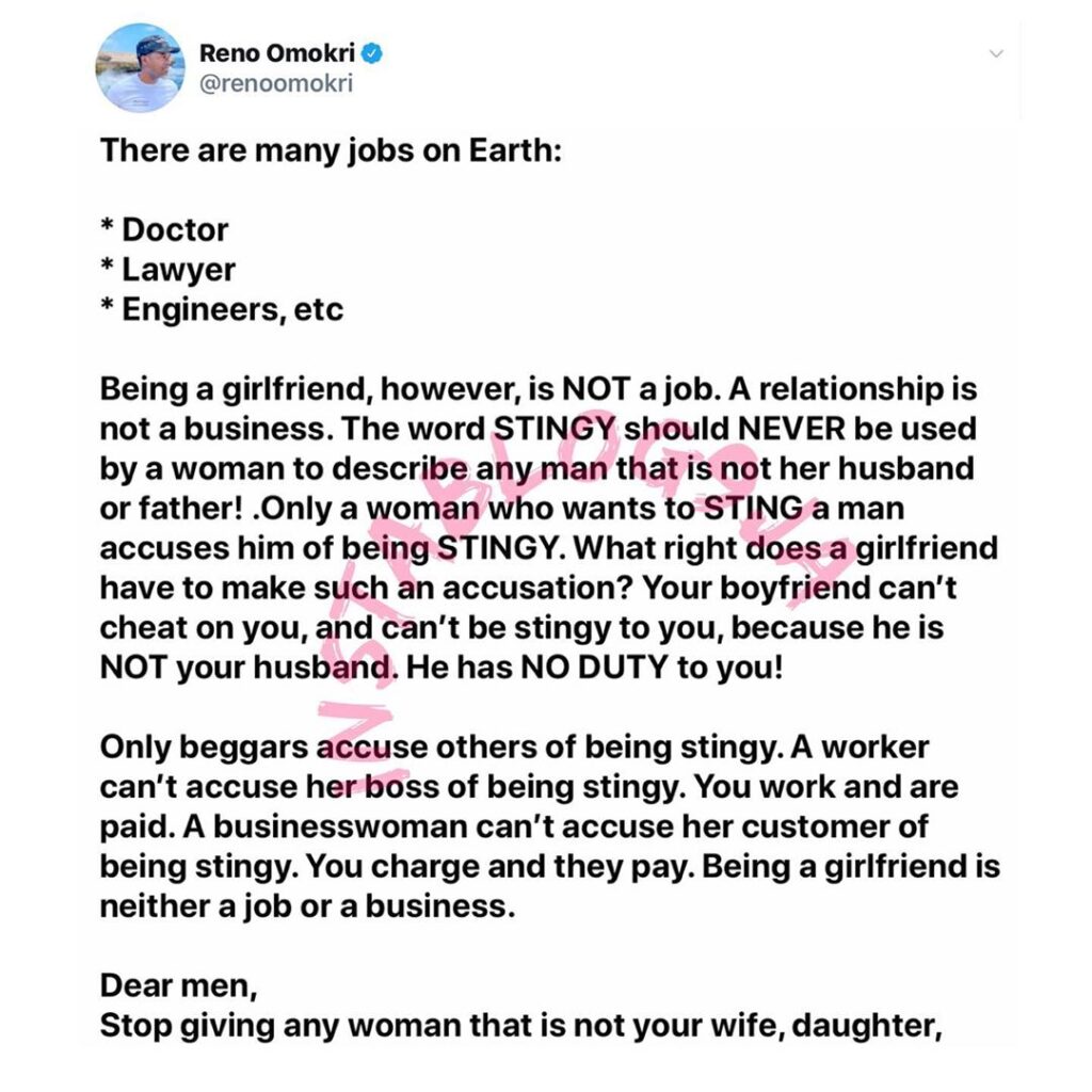 Being a girlfriend isn’t a job. Men, stop giving your girlfriends money — Reno Omokri. [Swipe]