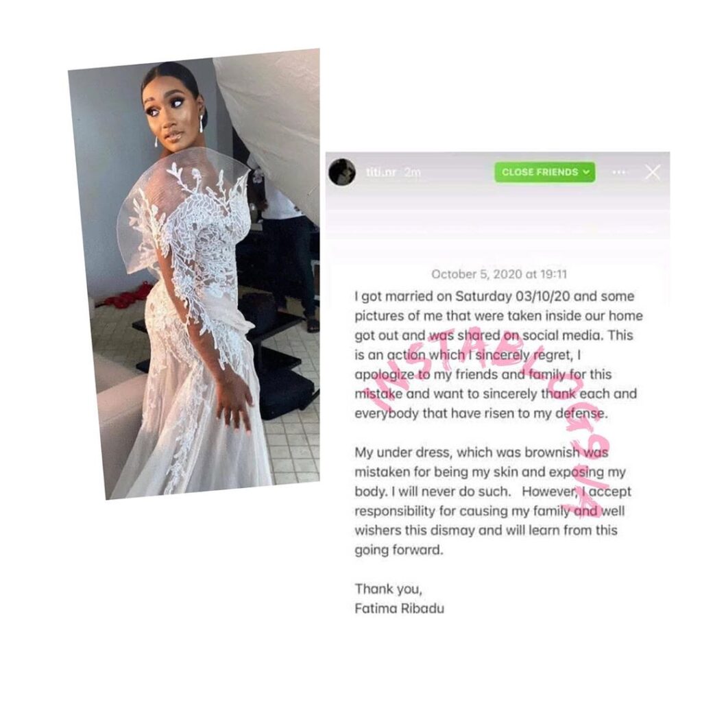 Former Vice President, Atiku Abubakar’s newly wed daughter-in-law, Fatima, succumbs to pressure, apologizes over her wedding dress