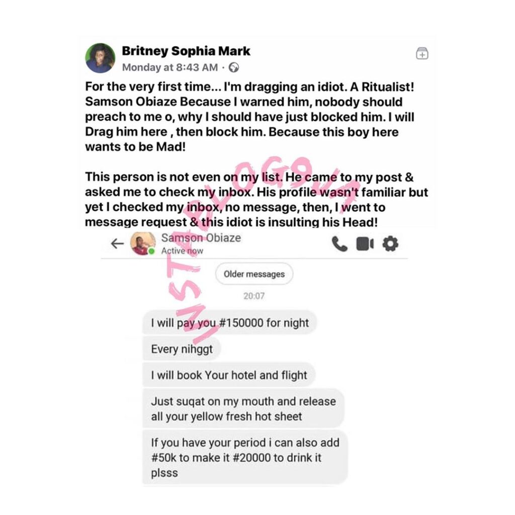 Lady calls out a man who allegedly offered to pay her N150k daily to eat her faeces. [Swipe]