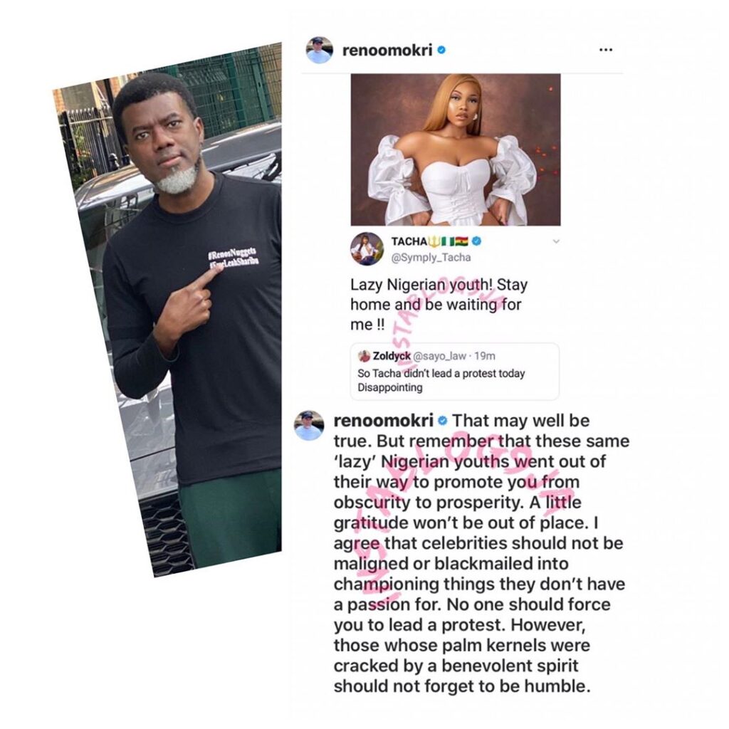 EndSARS protest: Reno Omokri reminds reality star, Tacha, of her days of utter insignificance