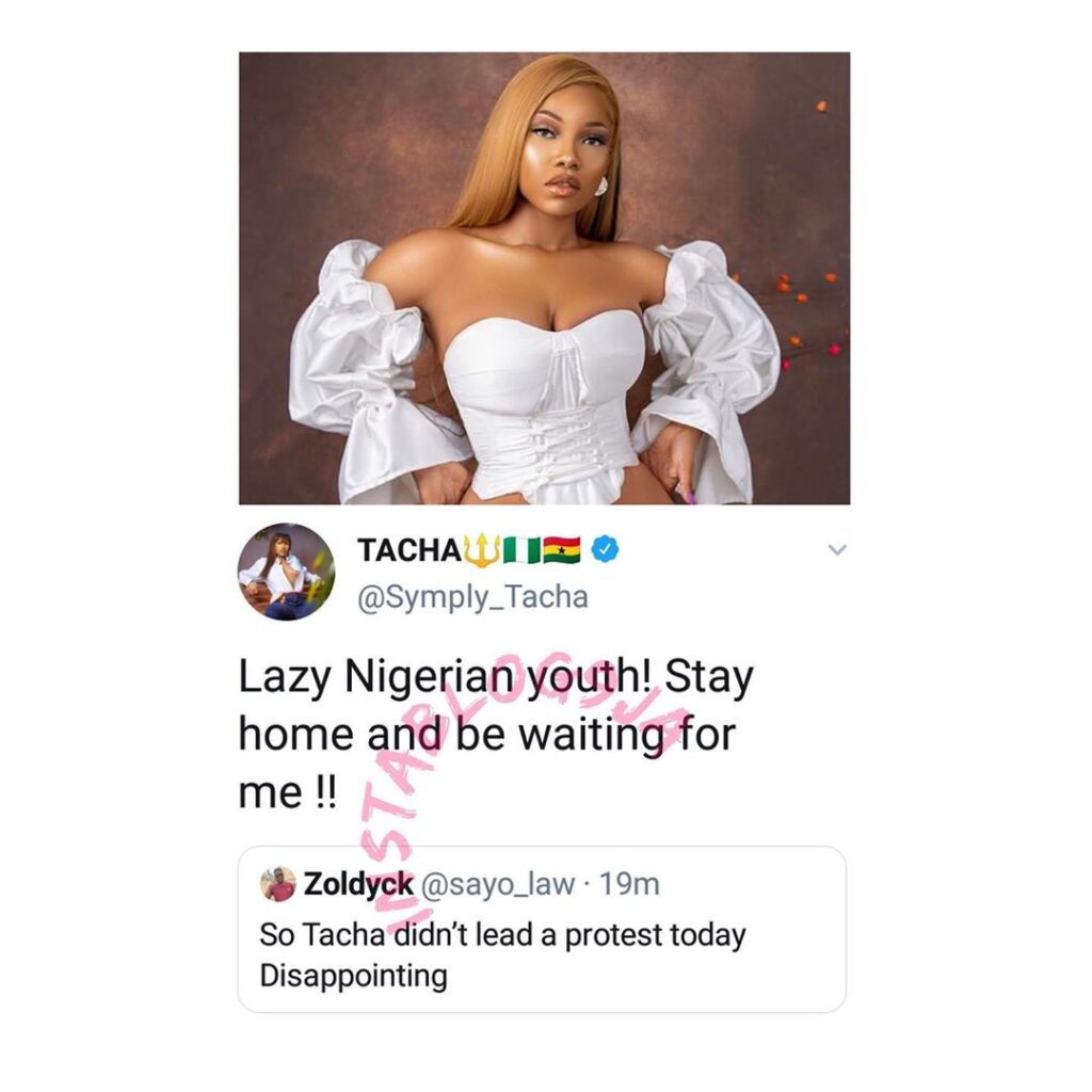 EndSARS: Reality star Tacha knocks a fan who asked her to lead protest